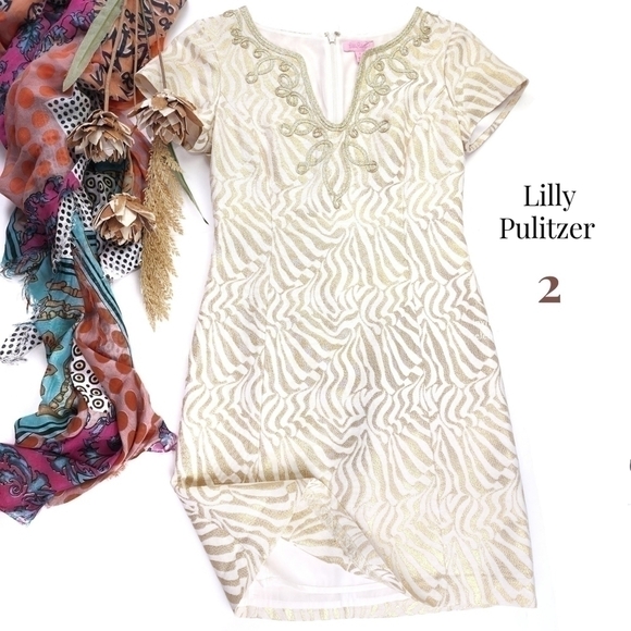 New Lilly Pulitzer Cream Gold Embroidered Metallic Dress Sz 2 - Picture 1 of 13